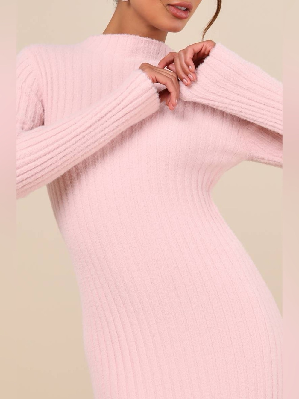 NWT Lulu's Soft Irresistible Feelings Light Pink Fuzzy Knit Midi Sweater Dress - Picture 4 of 12